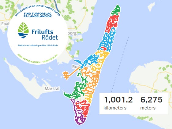 Kort der viser, hvor TrailView cyklede for at synliggøre Langeland, Strynø og Siø på Google Street View